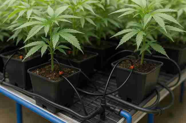 Indoor cannabis grow setup with black pots and red drip emitters showing an automated irrigation system for precision watering and water recycling