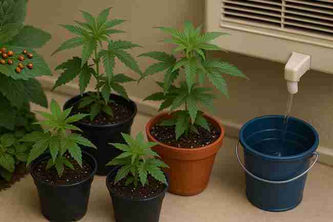 Indoor cannabis plants with ladybugs on a leaf, beside a water collection bucket and healthy soil, illustrating a balanced, living ecosystem grow setup
