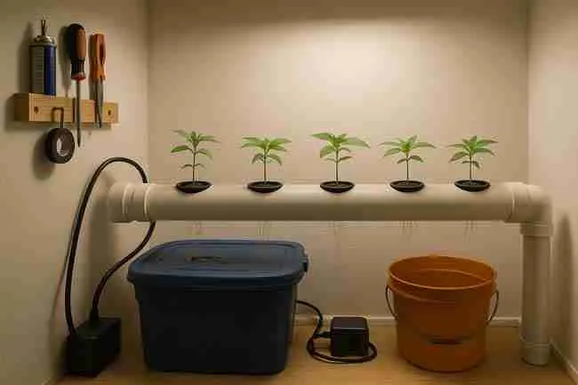 Small indoor NFT hydroponic setup with cannabis seedlings, PVC tubing, water reservoir, and basic tools in a closet grow space