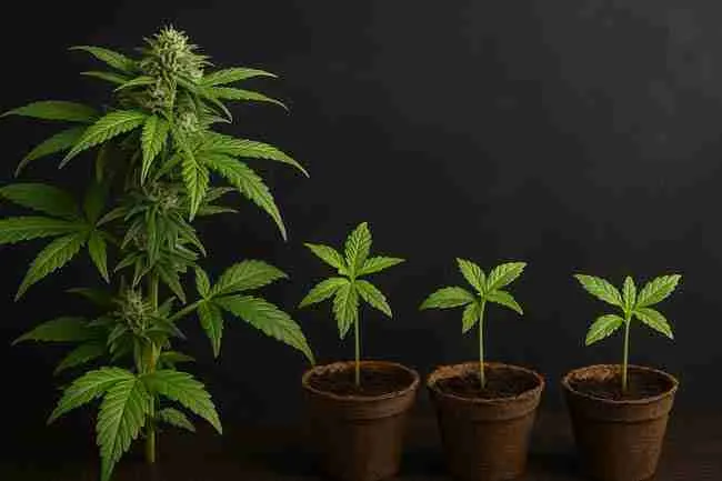 Mature cannabis plant alongside seedlings showing generational adaptation through epigenetics in cannabis
