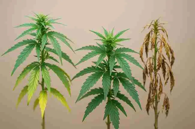Four cannabis plants showing effects of different stress types to highlight epigenetic stress inheritance in cannabis