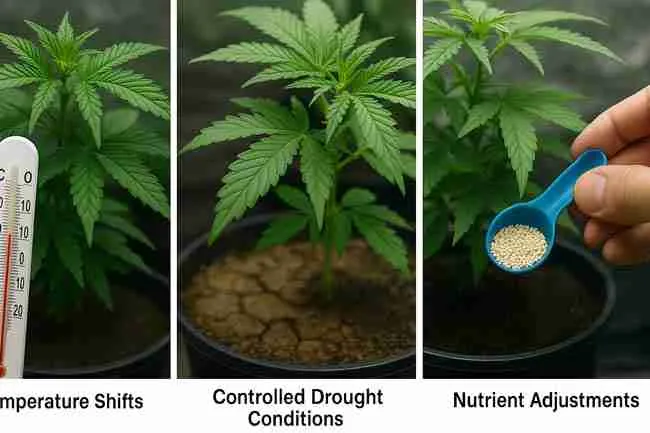 Visual breakdown of temperature shifts, drought conditions, and nutrient adjustments causing epigenetic changes in cannabis plants