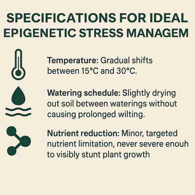 Infographic outlining ideal cannabis stress management specs including temperature, watering, and nutrient levels for epigenetic control