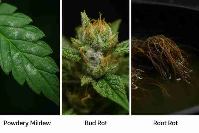 Visual examples of common fungi threatening cannabis plants: powdery mildew, bud rot, root rot.