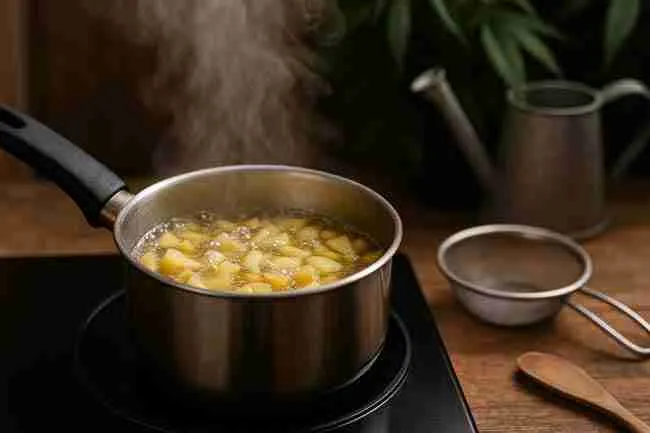 Garlic‑ginger drench simmering to fight root‑zone fungus in cannabis plants.