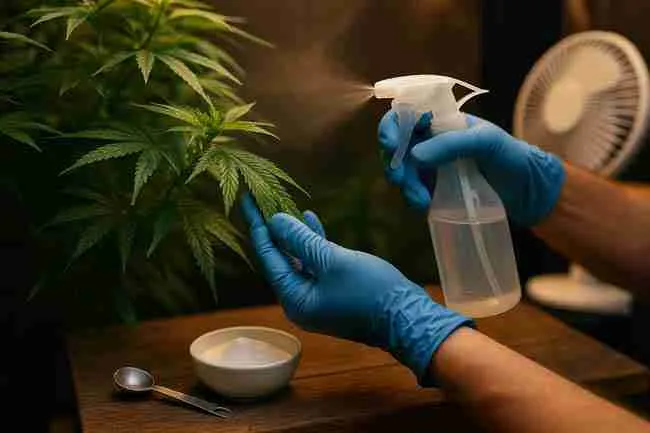Applying baking‑soda fungicide spray to the underside of cannabis leaves.