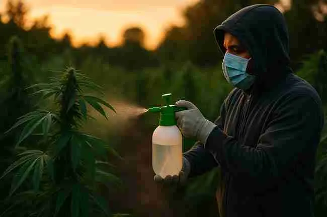 Safe and thorough application of homemade fungicides for cannabis plants at dusk.