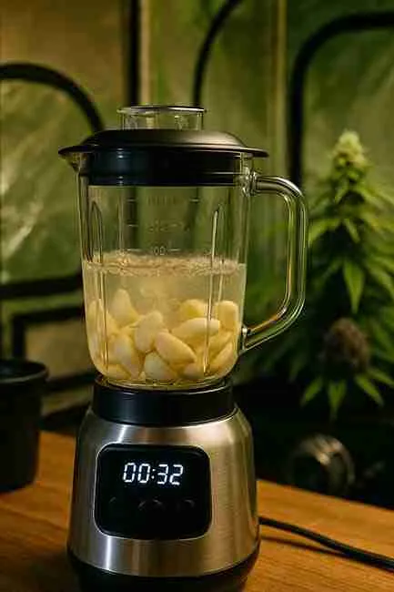 Blending garlic cloves to create an allicin‑rich fungicide for cannabis plants.