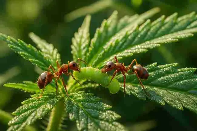 Ants removing caterpillar larva from cannabis leaf, showing beneficial pest control.