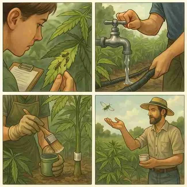 Four-step rescue plan illustrations for controlling ant takeover in outdoor cannabis grows.