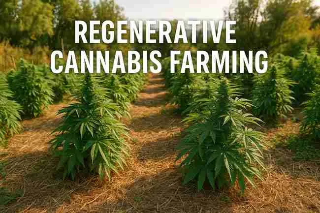 Single vigorous cannabis plant rooted in dark crumbly soil, forested backdrop, textural focus on healthy green foliage.