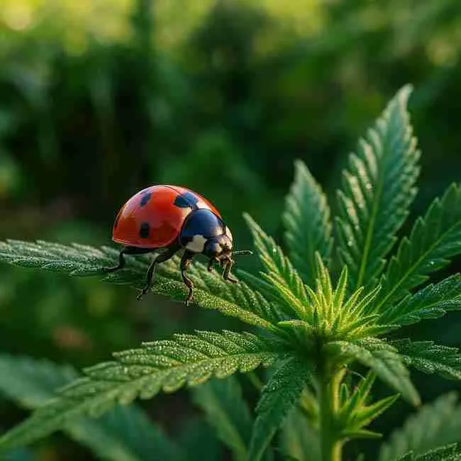 Red seven-spotted ladybug crawling across a dewy cannabis leaf at dawn—biological pest control in action.