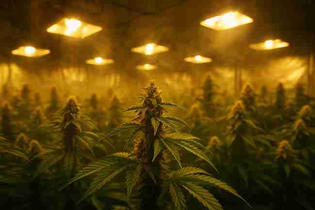 Indoor cannabis grow room with glowing HPS lights and terpene haze showing rich aroma environment and trichome-covered buds
