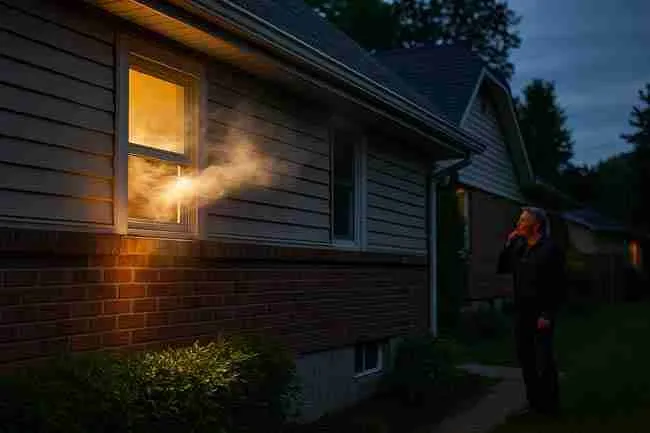 Suburban home with cannabis aroma drifting from basement window illustrating Cannabis Grow Room Smell control necessity