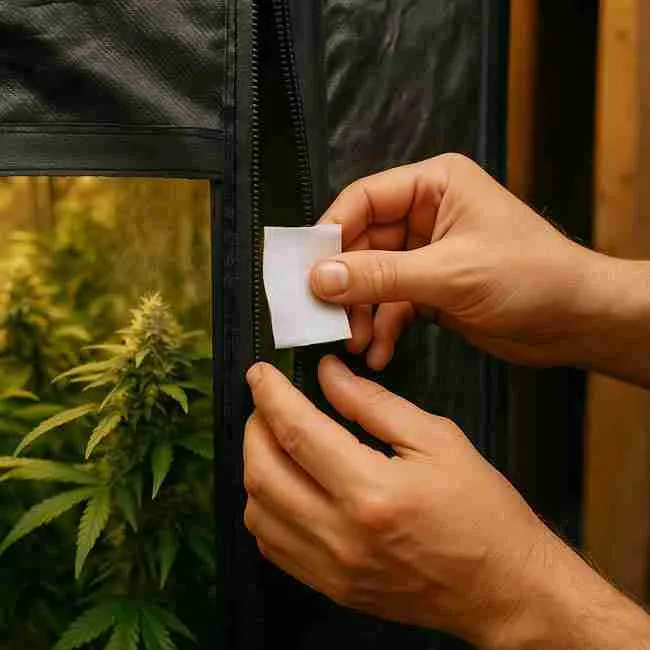 Cannabis grower testing tent seal with toilet paper for negative pressure to manage Cannabis Grow Room Smell