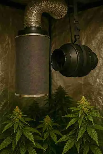Carbon filter with inline fan in cannabis grow room setup designed for optimal Cannabis Grow Room Smell filtration