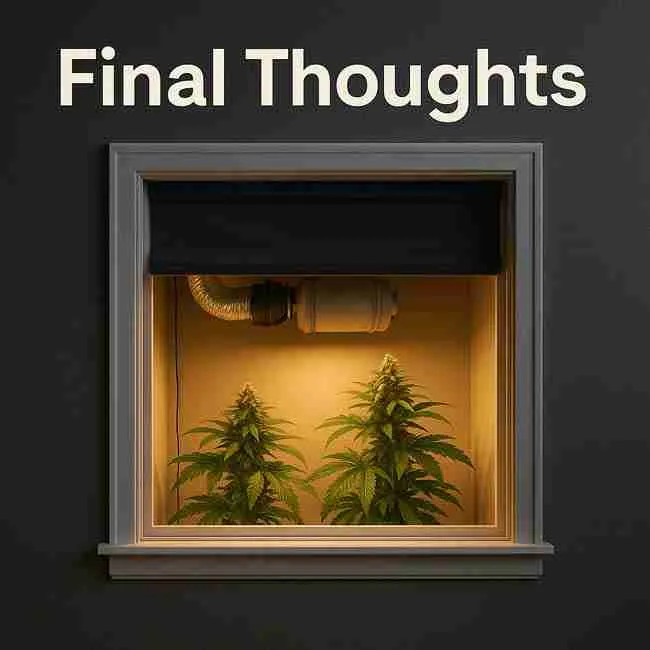 Peaceful cannabis grow room at night with sealed windows and odor control showing successful Cannabis Grow Room Smell management