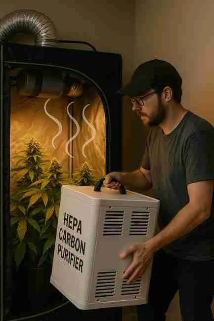 Cannabis grower using HEPA carbon purifier and ventilation in an emergency to eliminate Cannabis Grow Room Smell fast