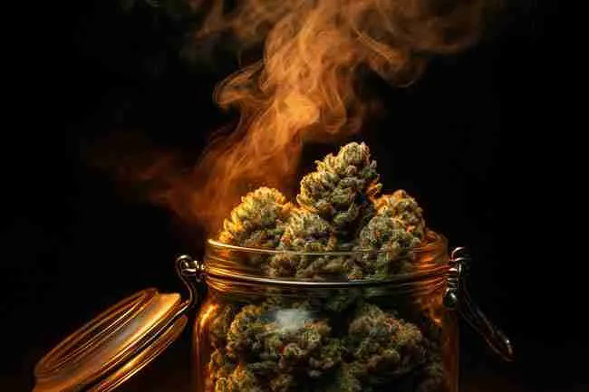 Close-up of a glass curing jar filled with resin-heavy cannabis buds, with amber-hued smoke billowing upward under warm lighting, highlighting frosty trichomes.