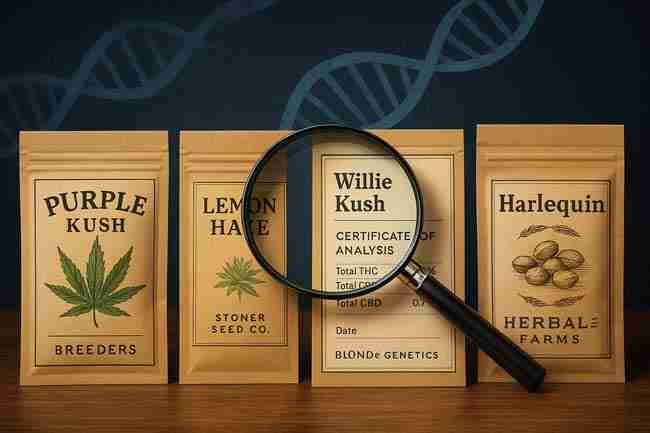 Row of four cannabis seed packets on a wooden table with a magnifying glass highlighting a certificate of analysis, set against a dark background with a DNA helix pattern