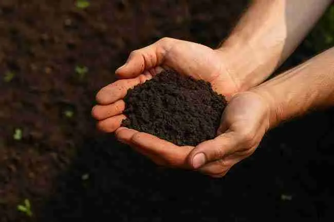 Hands cupping rich soil to signify carbon locked safely underground
