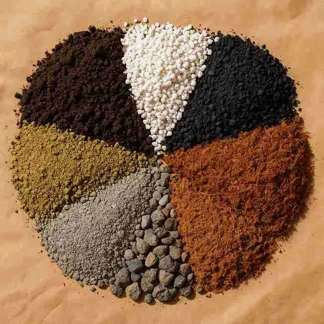 Overhead view of balanced cannabis soil mix—compost, perlite, biochar, coco coir, pumice, and meal—arranged in tidy wedges