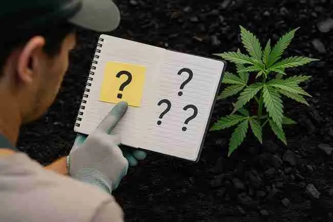 Gardener studying a notebook of questions beside a young cannabis plant in biochar-rich soil