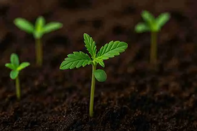 Cannabis seedlings under soft light, showing healthy leaf growth and spacing for ideal lighting conditions