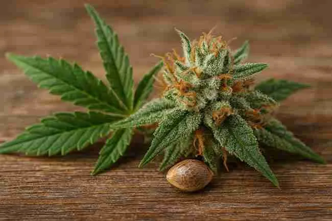 Close-up of autoflower cannabis bud with single seed and leaf on wood background emphasizing speed and ease