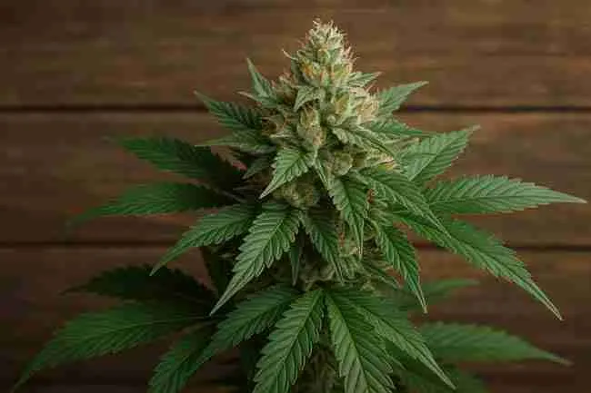 Fully bloomed feminized cannabis plant with dense trichome-rich cola and fan leaves on wood background
