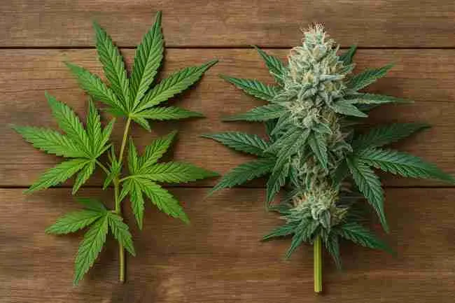 Side-by-side comparison of vegetative cannabis plant and flowering cola highlighting growth stages