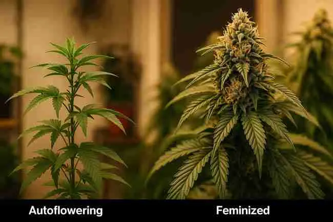 Indoor comparison of autoflower vs. feminized cannabis plants showing size, structure, and bud density