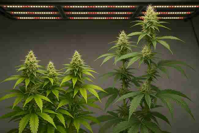 LED-lit grow showing bushy autoflowers and taller feminized cannabis plants highlighting growth traits and structure