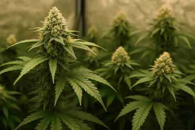 Indoor cannabis grow with mature flowering plants at various stages under warm lighting showing bud density and structure