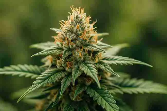 Close-up of resin-coated cannabis bud with vibrant orange hairs and sugar leaves under natural light
