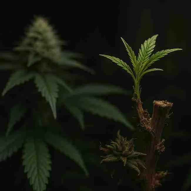 Cannabis Plant Displaying Early Re-Veg Growth After Darkness Cycle, with Contrasting Flowering Buds in Background