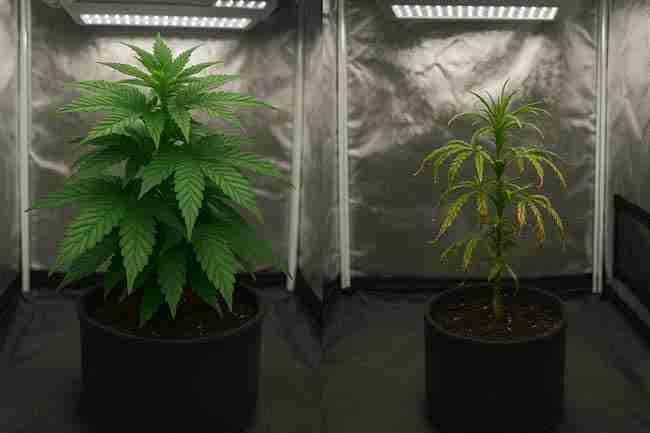 Side-by-Side Cannabis Plants Showing Healthy vs. Stressed Growth Results from Different Re-Veg Techniques