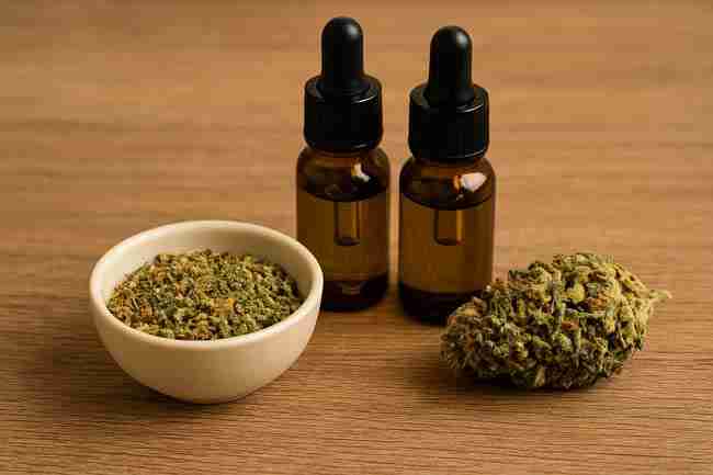 Cannabis bud, oil dropper bottles, and ground flower arranged for making cannabis oil from one ounce of dried flower