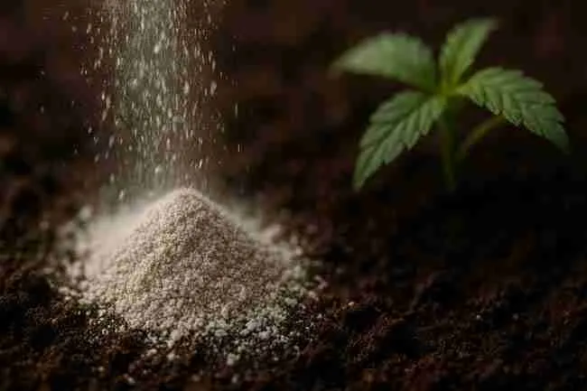 A close-up macro shot of glacial rock dust gently settling on dark, crumbly cannabis soil with a young cannabis leaf blurred in the background.