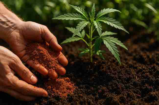 Volcanic rock dust being mixed into soil around cannabis plants, section: What are the benefits of volcanic rock dust for cannabis growers?