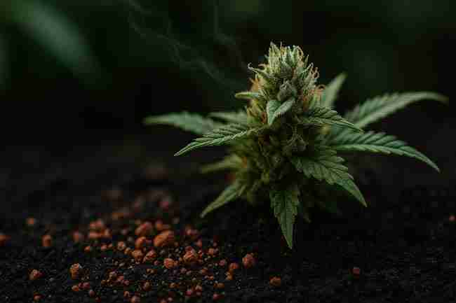 Volcanic rock dust around cannabis bud with vapor