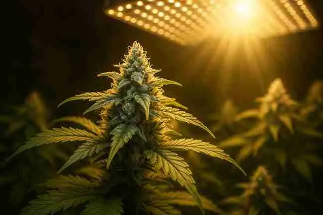 Golden LED rays shining on shimmering buds, symbolizing final harvest after dialed-in spectrum.