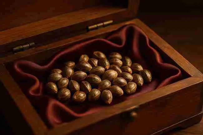 Store Cannabis Seeds in an antique wooden box lined with burgundy satin, symbolizing decade-long seed preservation
