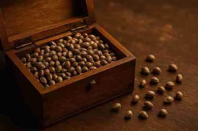 Store Cannabis Seeds in a treasure-style wooden chest overflowing with seeds to illustrate multiple at-home methods