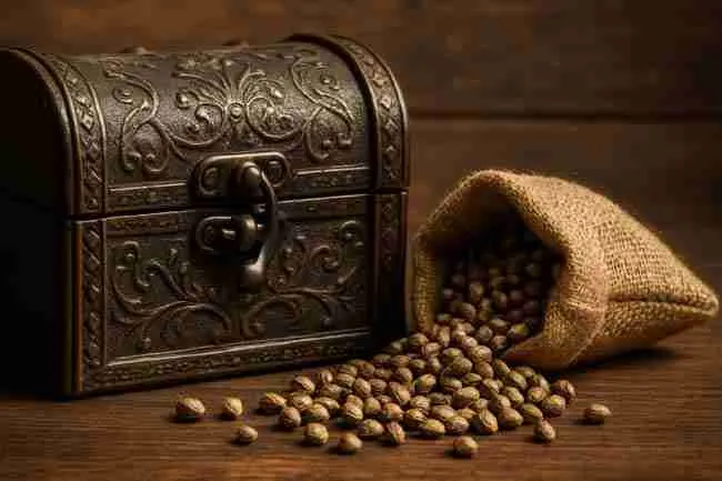 Store Cannabis Seeds freshly dried in a vintage wooden chest with gold satin to highlight careful pre-storage handling