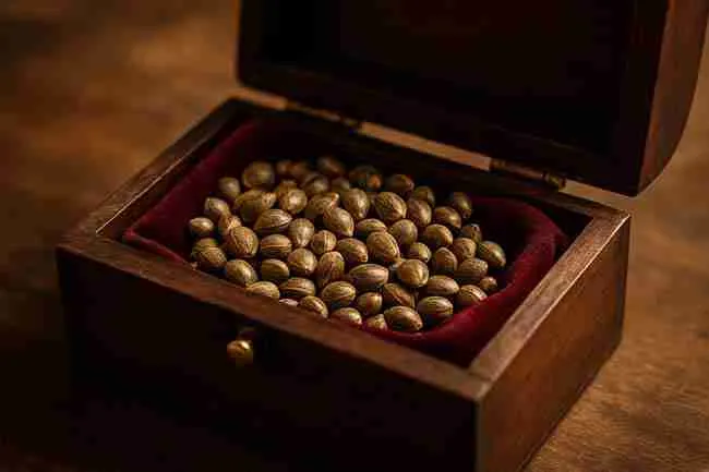 Cannabis Seeds spilling from an ornate metal chest and burlap sack, weighing perks versus risks