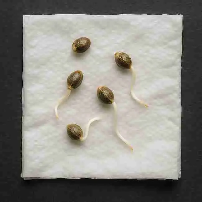 Cannabis Seeds germinating on a moist paper towel for the 10-seed viability test