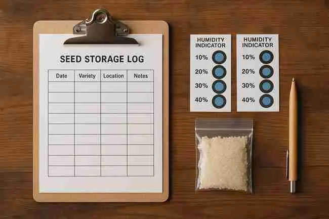Store Cannabis Seeds log sheet, humidity indicator cards, and silica pack displayed for routine storage checks