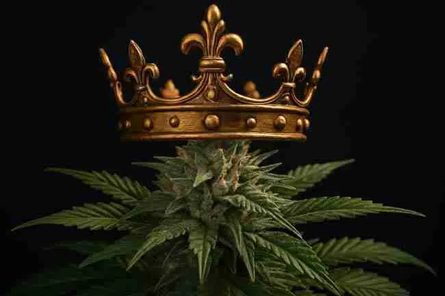 Regal crown perched on premium cannabis bud and leaves — Who Is the King of Cannabis Seeds section