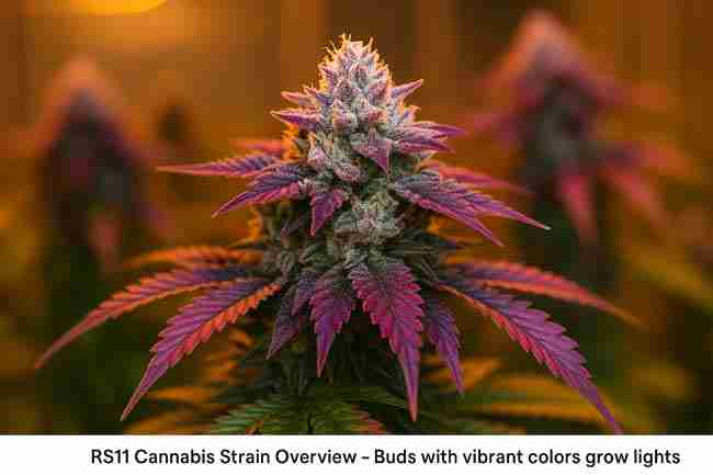 RS11 Cannabis Strain Overview – Buds with vibrant colors under grow lights